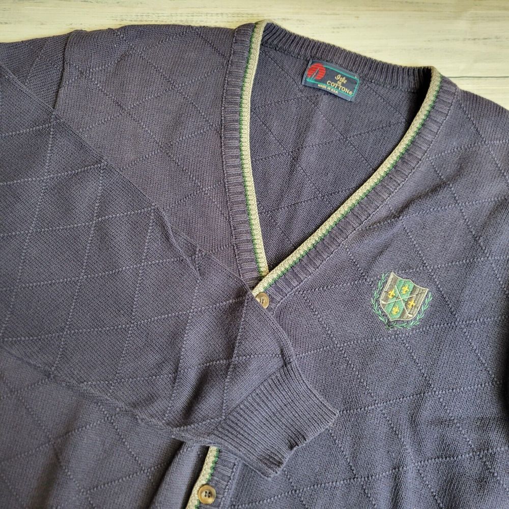 Vintage Isle Of Cotton Golf Sweater Mens Large Blue V Neck Button Textured Crest